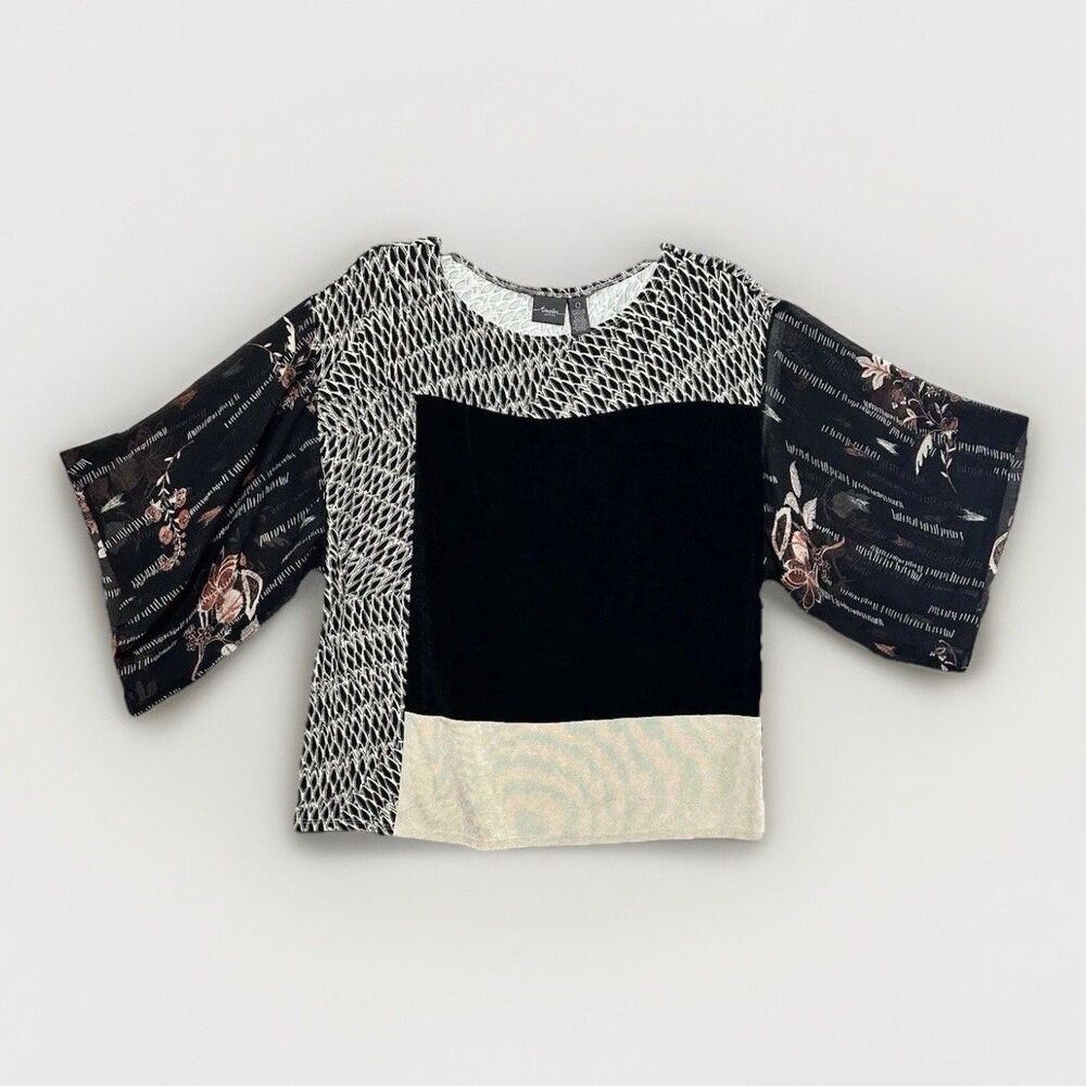 Chico's Travelers Knit Top Sheer Sleeves Mixed Print Sz Small, 0 Beige Black